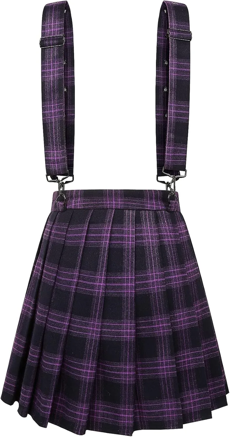 chouyatou Women's Cool Sweet A-Line Decorative Strap Plaid Pleated Mini Skirt