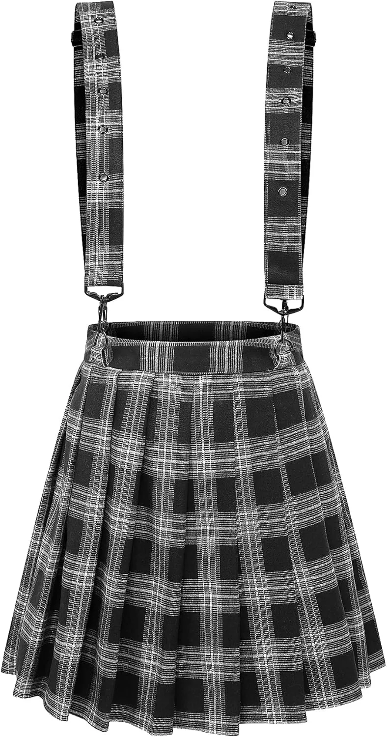 chouyatou Women's Cool Sweet A-Line Decorative Strap Plaid Pleated Mini Skirt