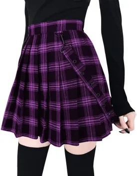 chouyatou Women's Cool Sweet A-Line Decorative Strap Plaid Pleated Mini Skirt