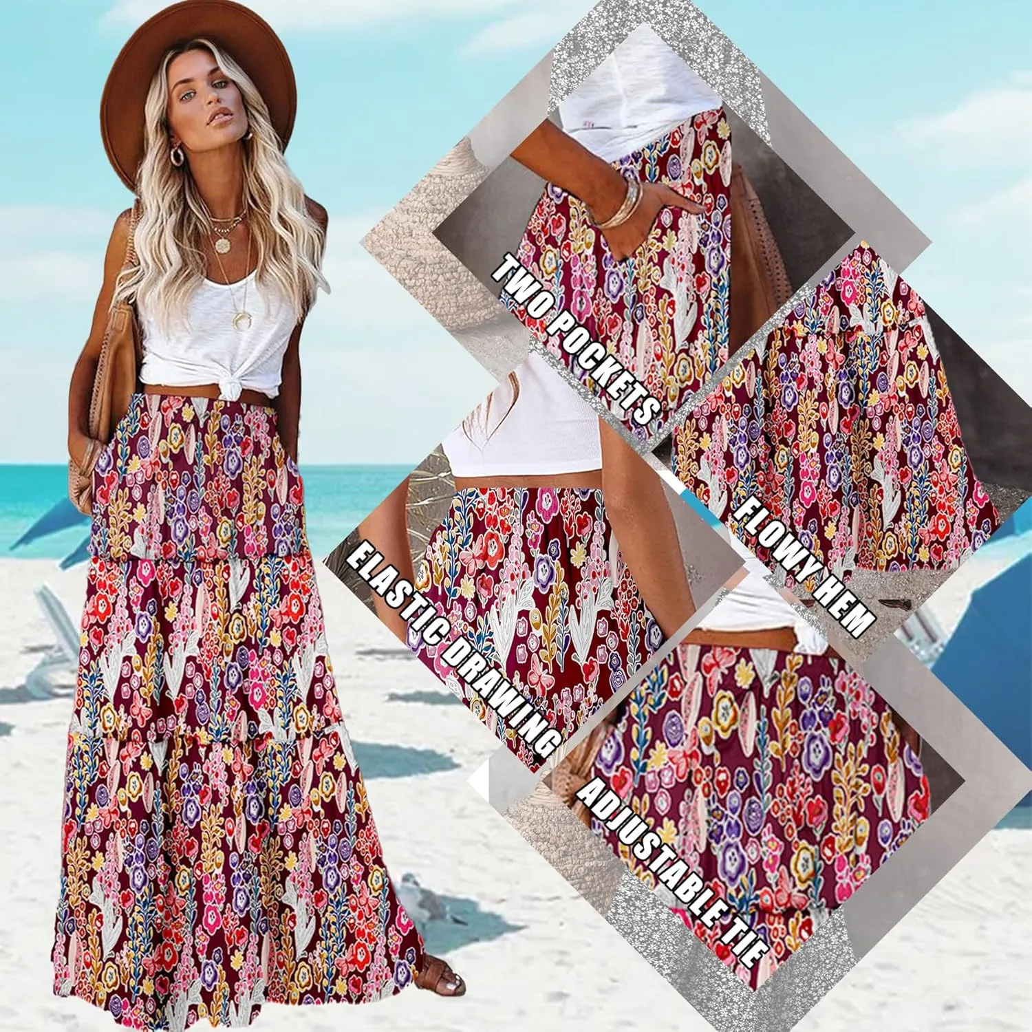 EARKOHA Womens Casual High Waist Tie Paisley Print Long Maxi Skirt with Pockets