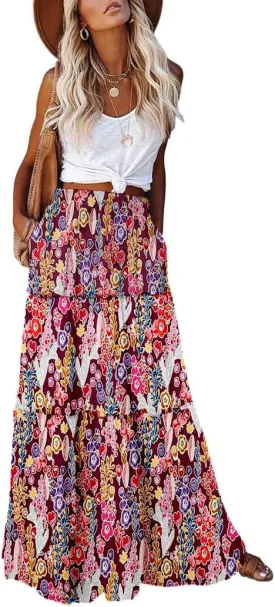 EARKOHA Womens Casual High Waist Tie Paisley Print Long Maxi Skirt with Pockets