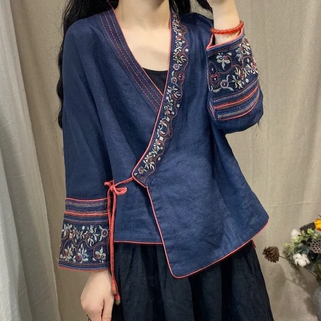 Esmeralda V-Neck Embroidered Wrap Blouse
