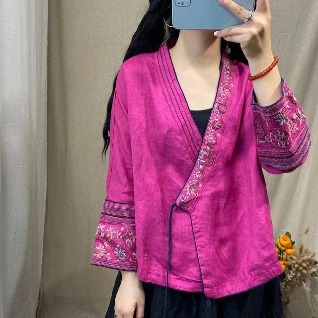 Esmeralda V-Neck Embroidered Wrap Blouse