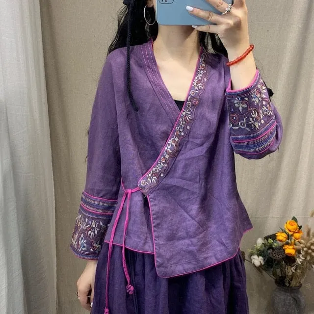 Esmeralda V-Neck Embroidered Wrap Blouse