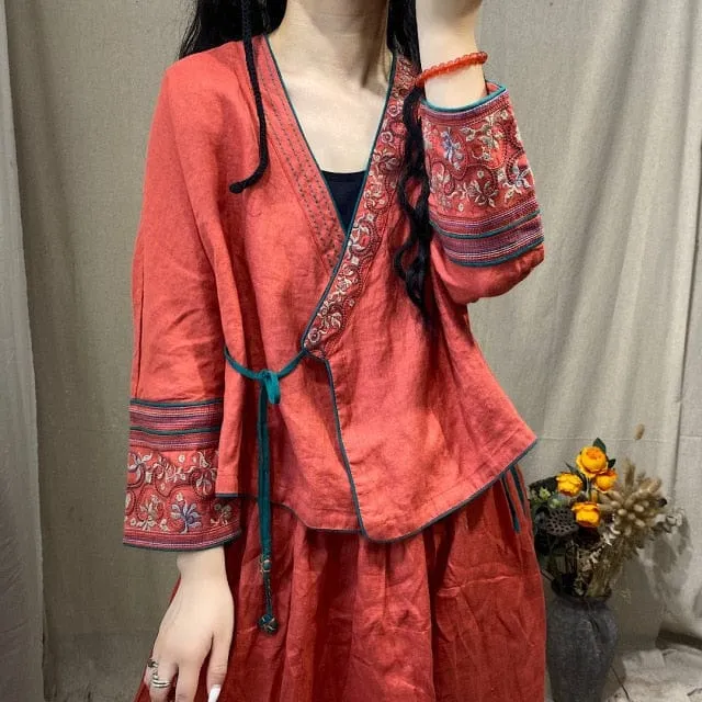 Esmeralda V-Neck Embroidered Wrap Blouse