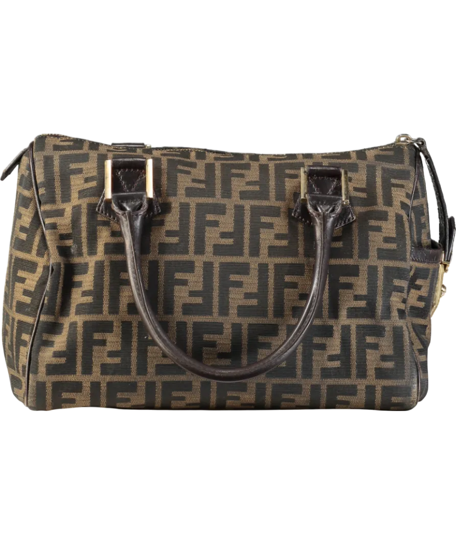 Fendi Vintage Monogram Tabacco Zucca Print Canvas & Moro Leather Medium Boston Bag