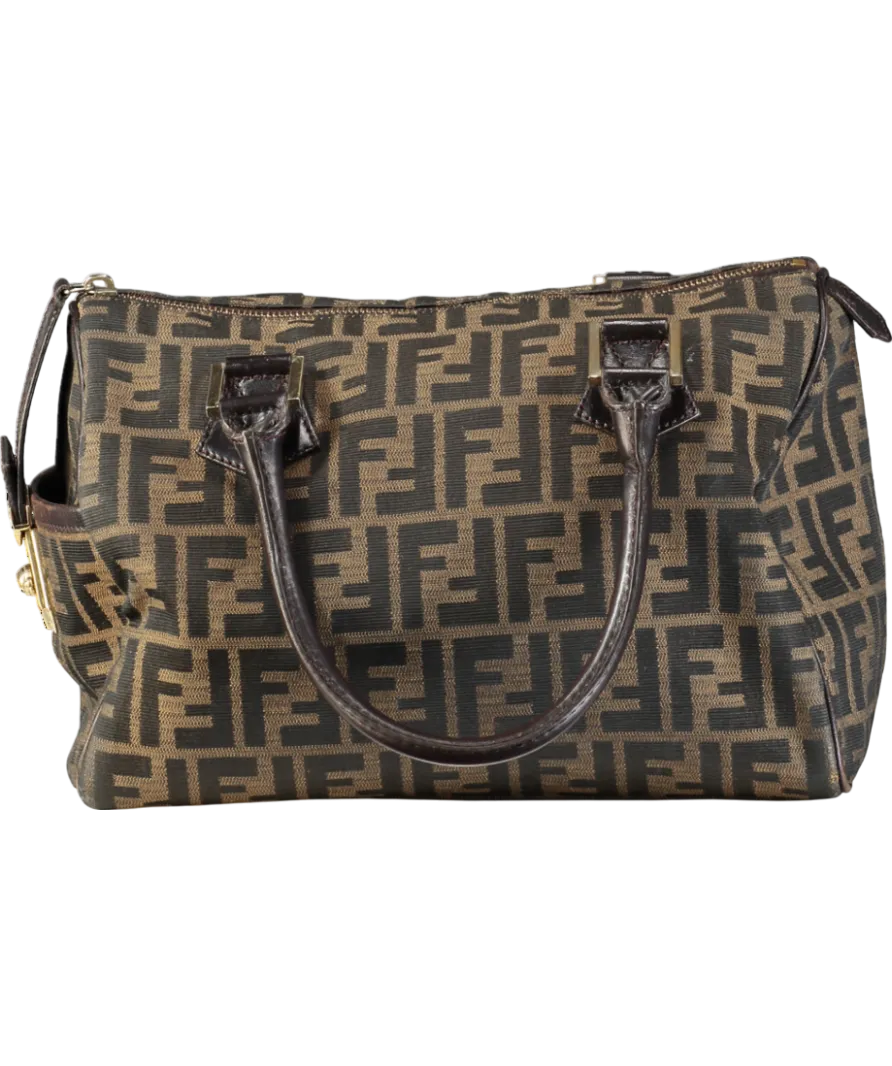 Fendi Vintage Monogram Tabacco Zucca Print Canvas & Moro Leather Medium Boston Bag