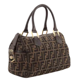 Fendi Vintage Monogram Tabacco Zucca Print Canvas & Moro Leather Medium Boston Bag