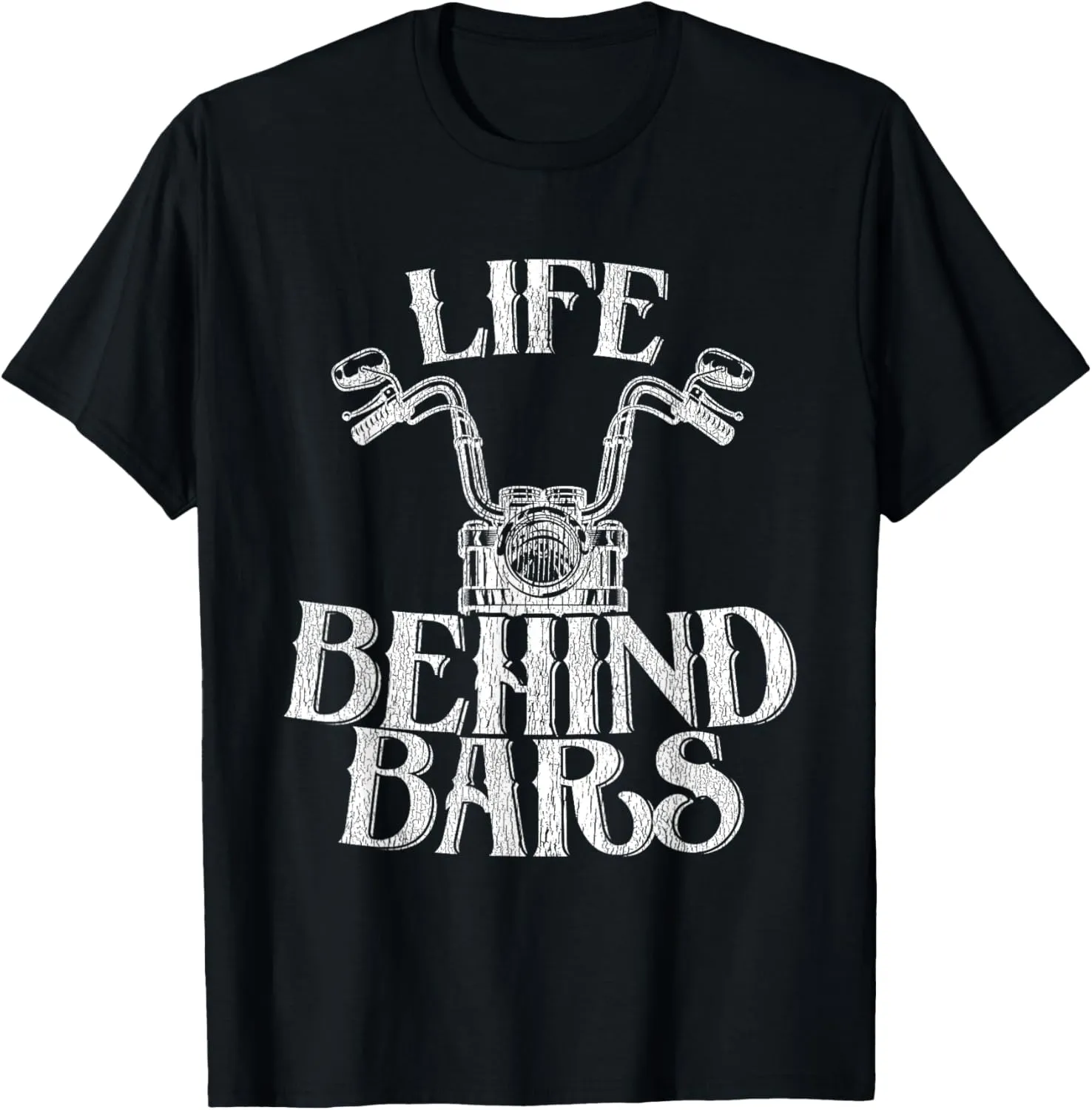 Funny Life Behind Grids Distressed Motorcycle T-Shirt - Black, Small
