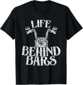 Funny Life Behind Grids Distressed Motorcycle T-Shirt - Black, Small