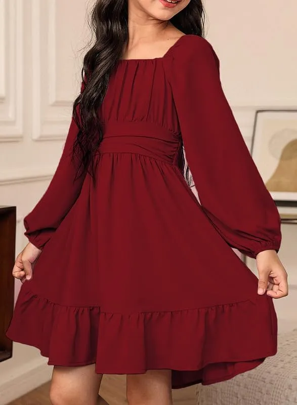 Girls Casual Long Sleeve Ruffle Hem Tie Back Off Shoulder Dresses 4-15 Years