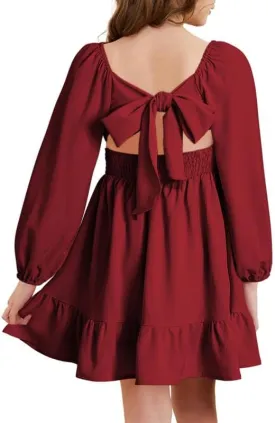 Girls Casual Long Sleeve Ruffle Hem Tie Back Off Shoulder Dresses 4-15 Years