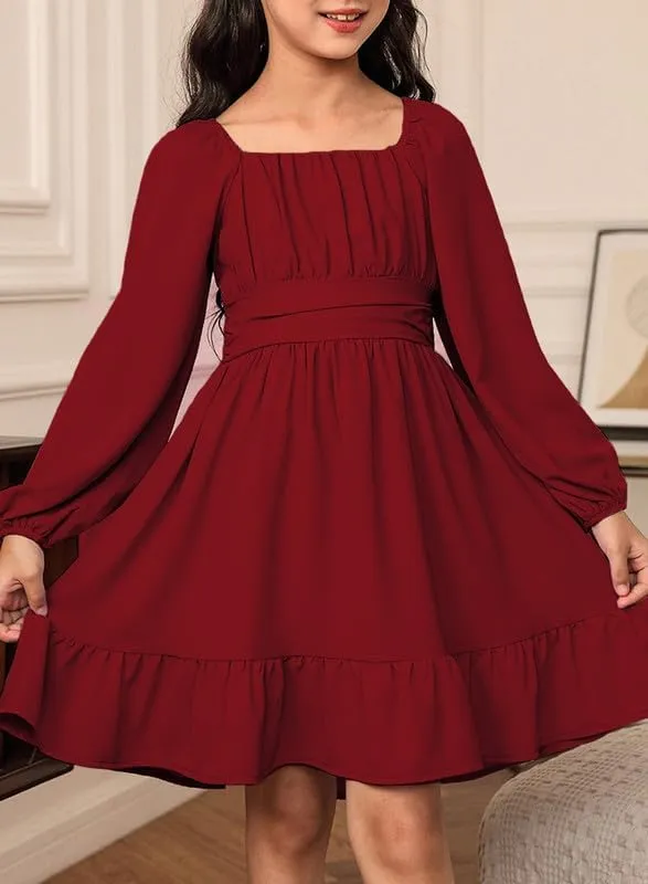Girls Casual Long Sleeve Ruffle Hem Tie Back Off Shoulder Dresses 4-15 Years