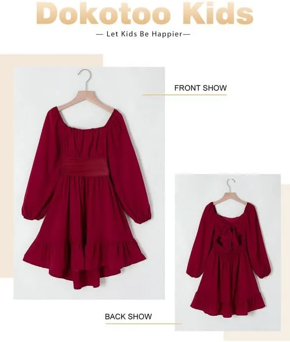 Girls Casual Long Sleeve Ruffle Hem Tie Back Off Shoulder Dresses 4-15 Years