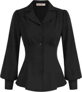 GRACE KARIN Button Down Shirts for Women Summer Peplum Tops Long Sleeve Work Blouse Collared Shirt Dressy Top