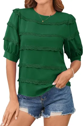 GRACE KARIN Women's Work Business Blouse Casual Puff Short Sleeve Shirts Lace Tops Loose Fit