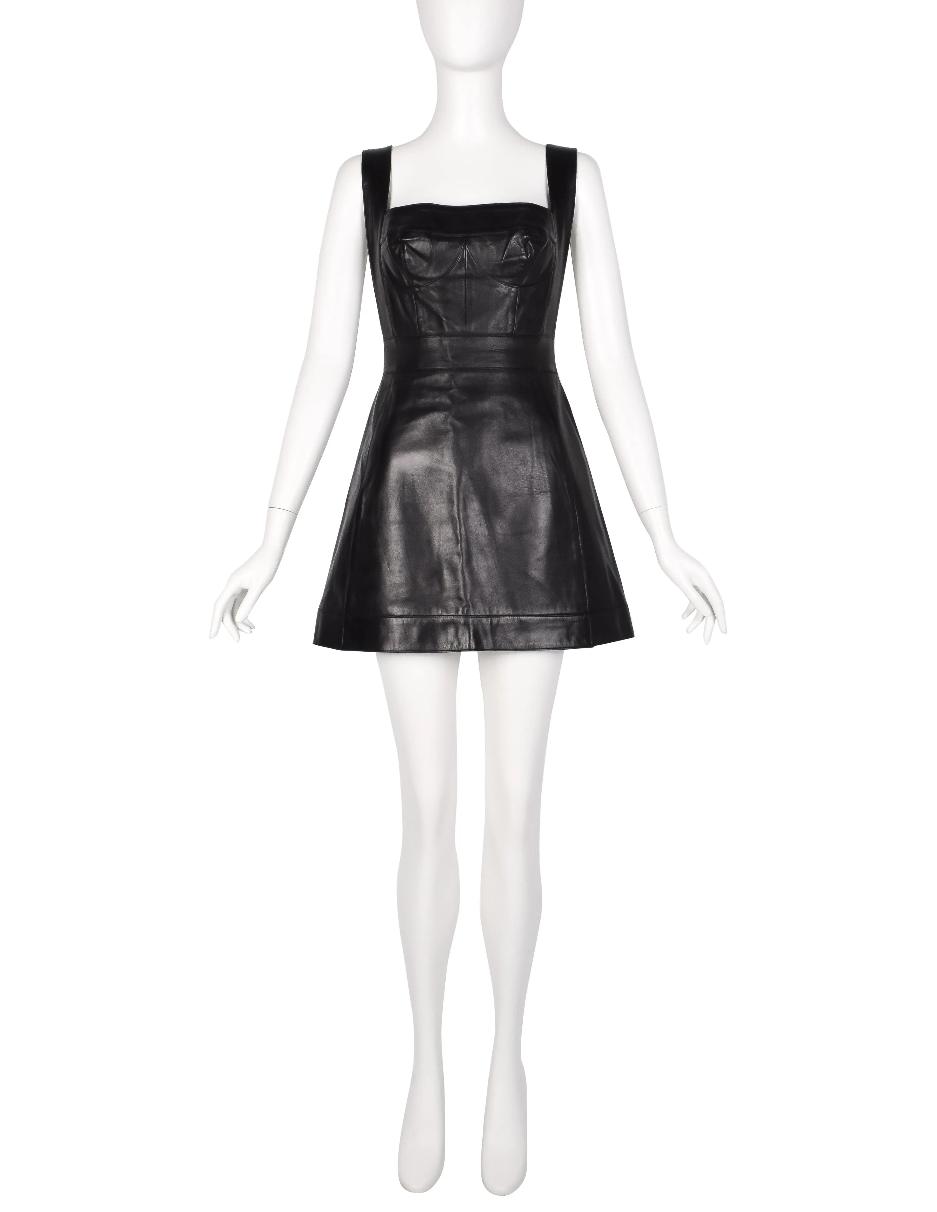 Herve Leger Vintage Black Leather Bustier Mini Dress