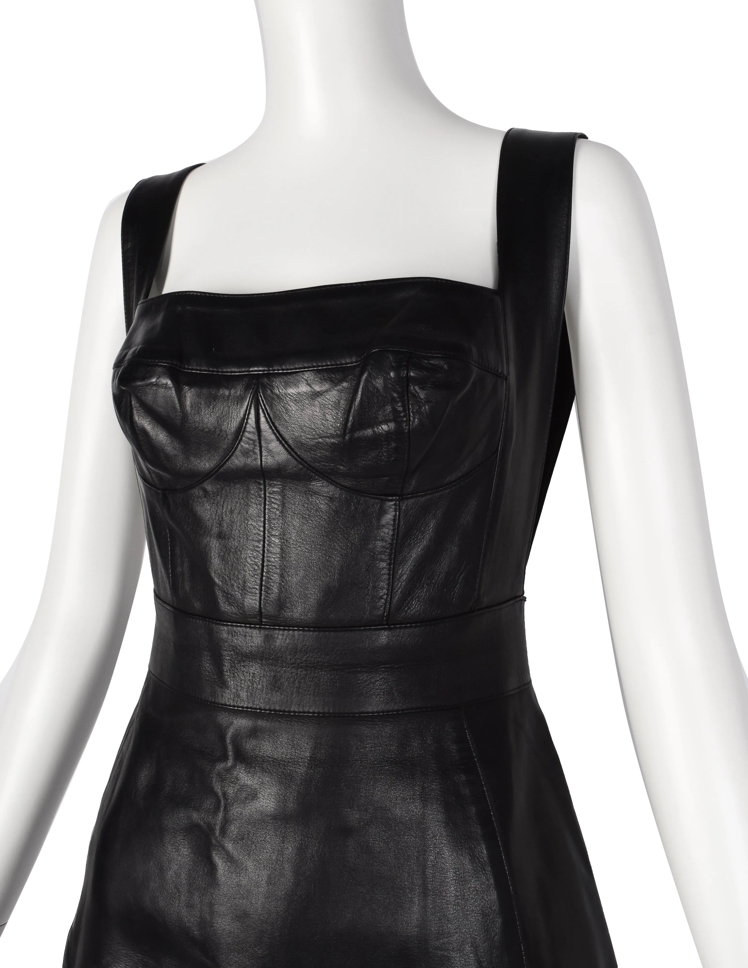 Herve Leger Vintage Black Leather Bustier Mini Dress