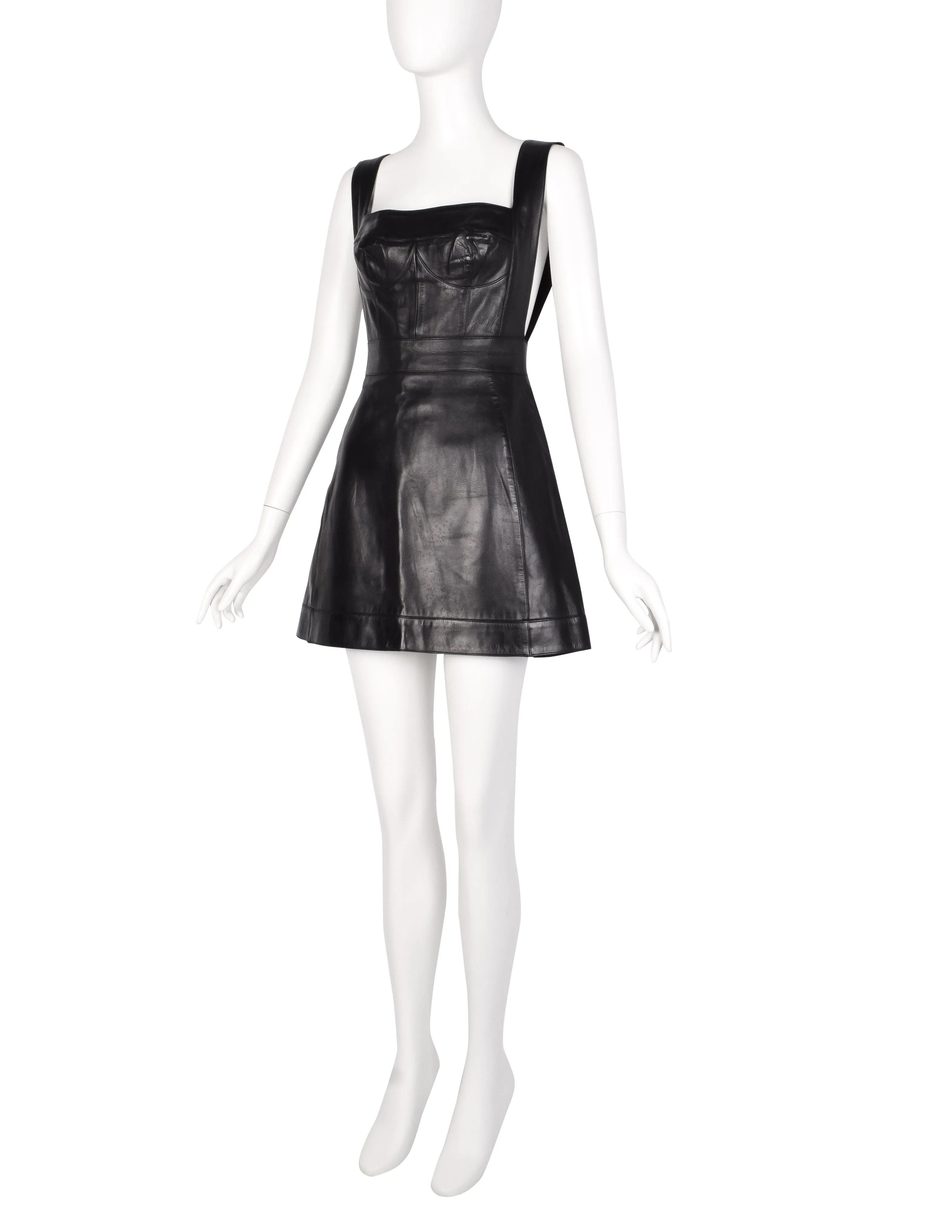 Herve Leger Vintage Black Leather Bustier Mini Dress