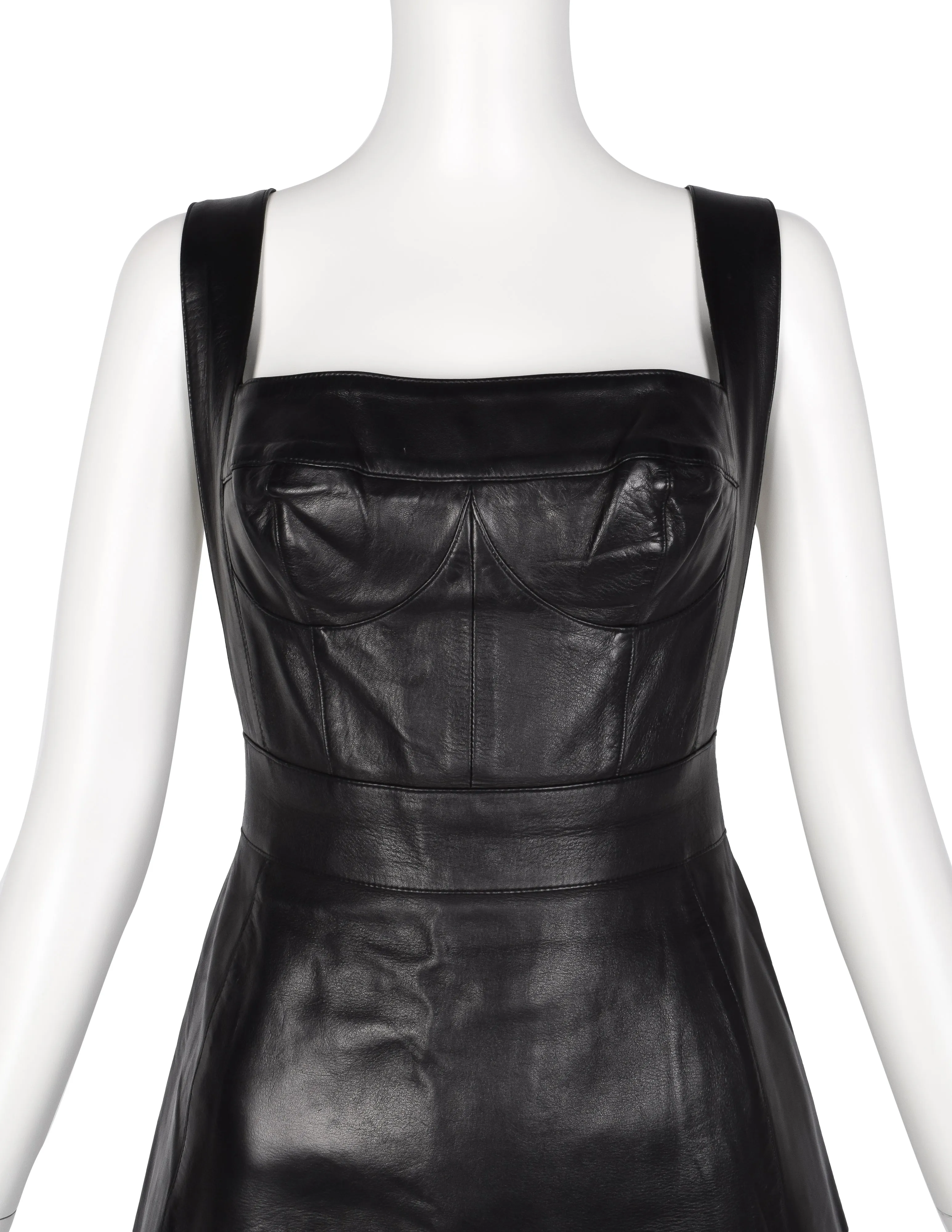 Herve Leger Vintage Black Leather Bustier Mini Dress