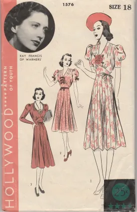 Hollywood 1576 Ladies One-Piece Frock Dress Vintage 1930's Sewing Pattern Kay Francis