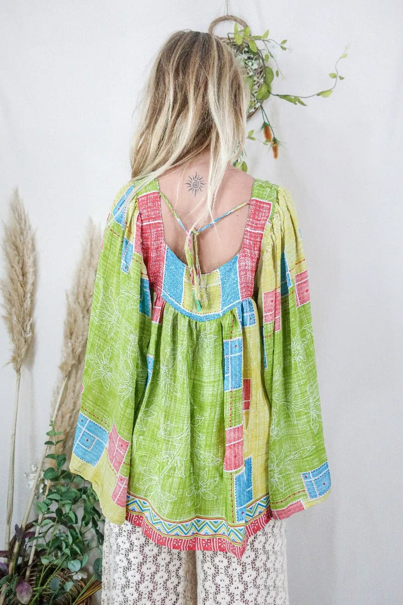 Honey Top - Vintage Indian Sari - Lime Square Patchwork Floral - Free Size S/M