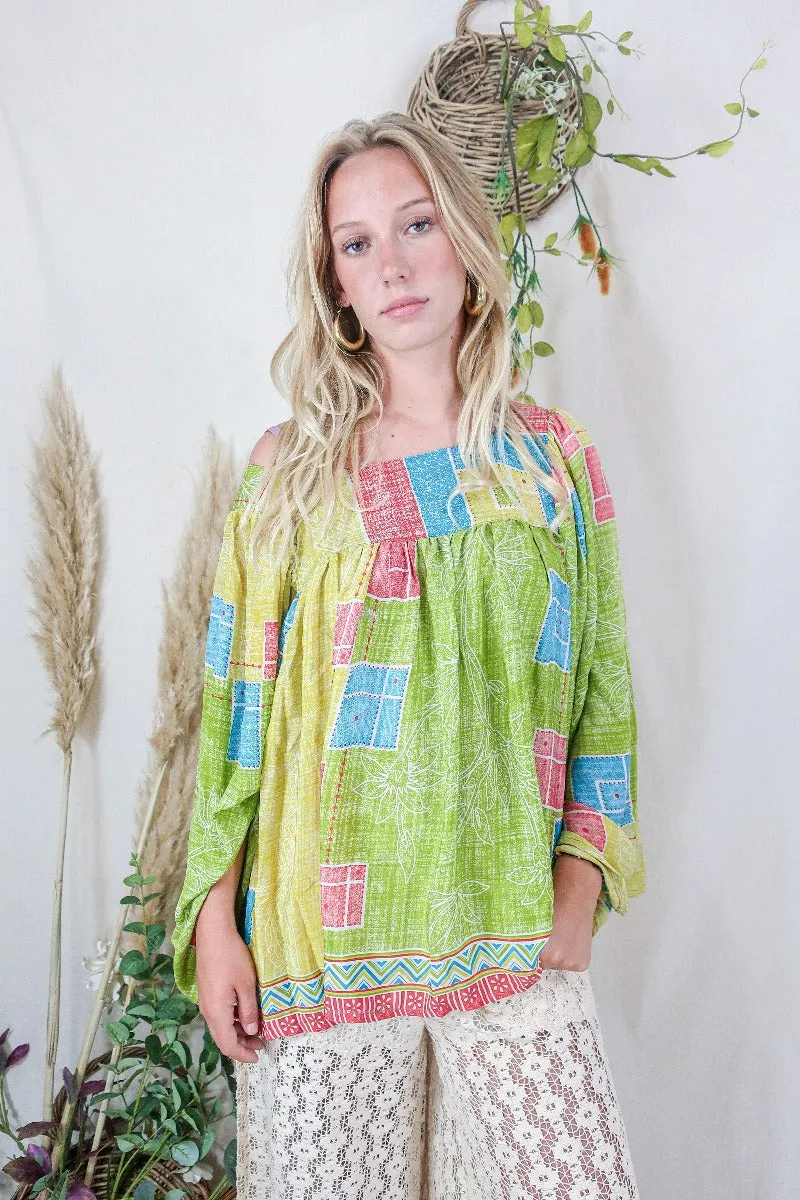 Honey Top - Vintage Indian Sari - Lime Square Patchwork Floral - Free Size S/M