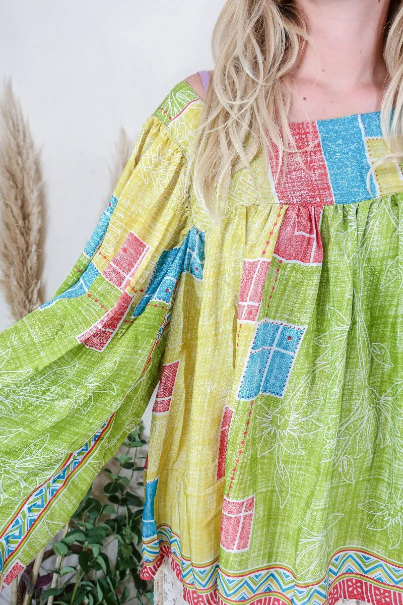 Honey Top - Vintage Indian Sari - Lime Square Patchwork Floral - Free Size S/M