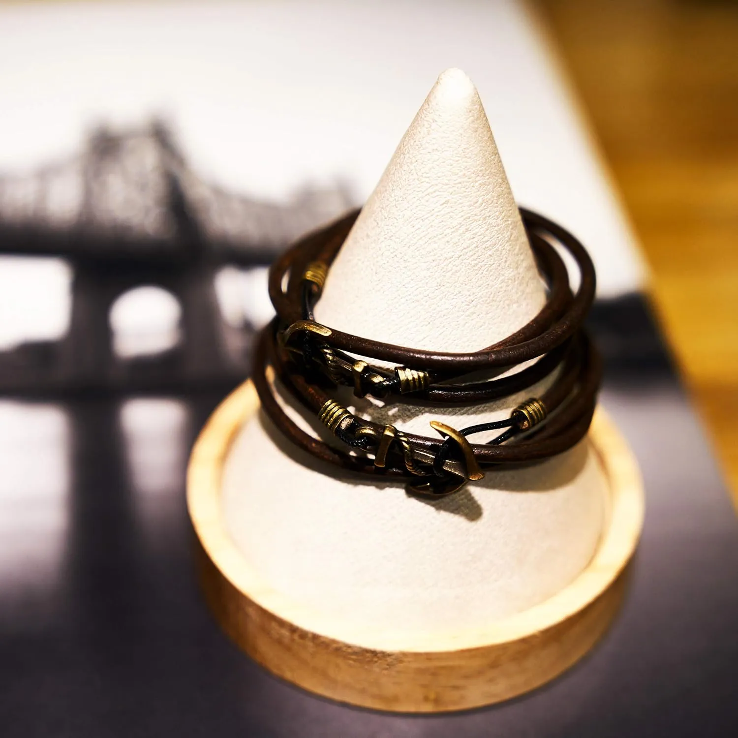 JBANS Handmade Genuine Leather Wrap Bracelet for Mens - Metal Anchor Hook Mens Leather Bracelets, Men's Jewelry, M Size - FITS 6.5"- 7.3" Wrist Size