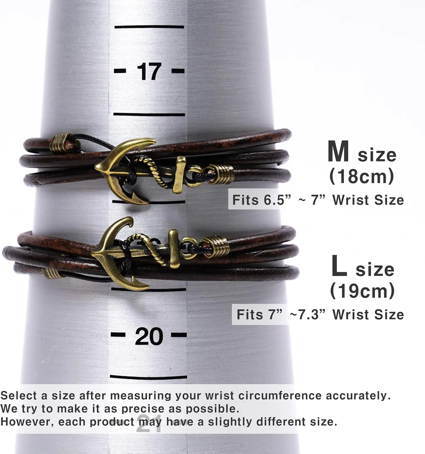 JBANS Handmade Genuine Leather Wrap Bracelet for Mens - Metal Anchor Hook Mens Leather Bracelets, Men's Jewelry, M Size - FITS 6.5"- 7.3" Wrist Size