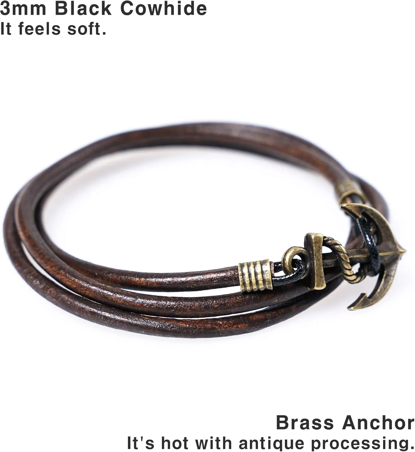 JBANS Handmade Genuine Leather Wrap Bracelet for Mens - Metal Anchor Hook Mens Leather Bracelets, Men's Jewelry, M Size - FITS 6.5"- 7.3" Wrist Size