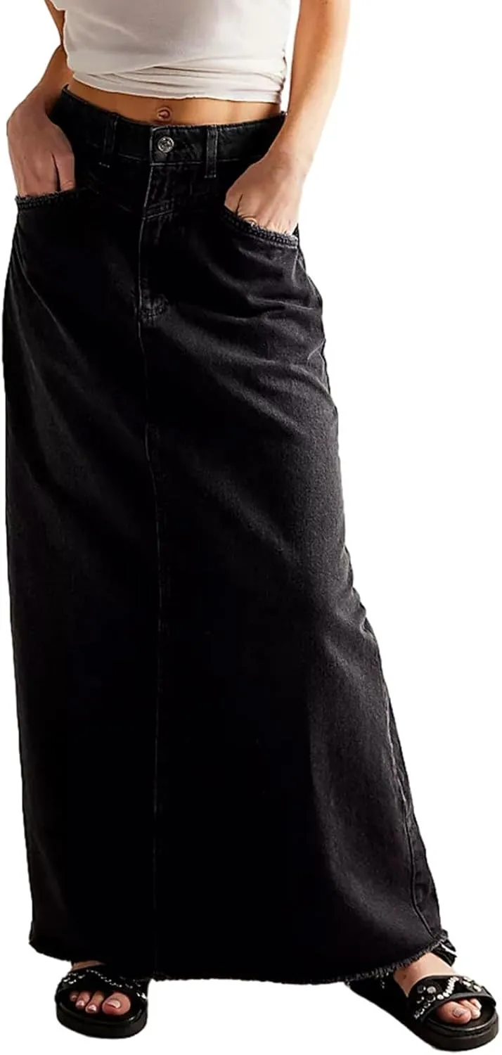 Jean Skirts for Women Denim High Waisted Vintage Raw Hem Long Denim Skirt Summer A-line Y2k Maxi Skirt with Pockets