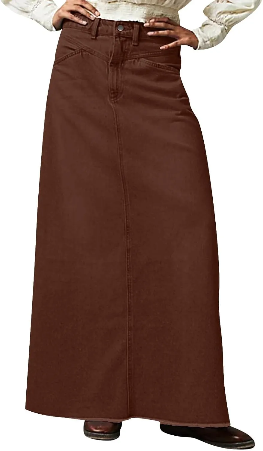 Jean Skirts for Women Denim High Waisted Vintage Raw Hem Long Denim Skirt Summer A-line Y2k Maxi Skirt with Pockets