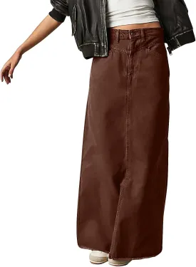 Jean Skirts for Women Denim High Waisted Vintage Raw Hem Long Denim Skirt Summer A-line Y2k Maxi Skirt with Pockets