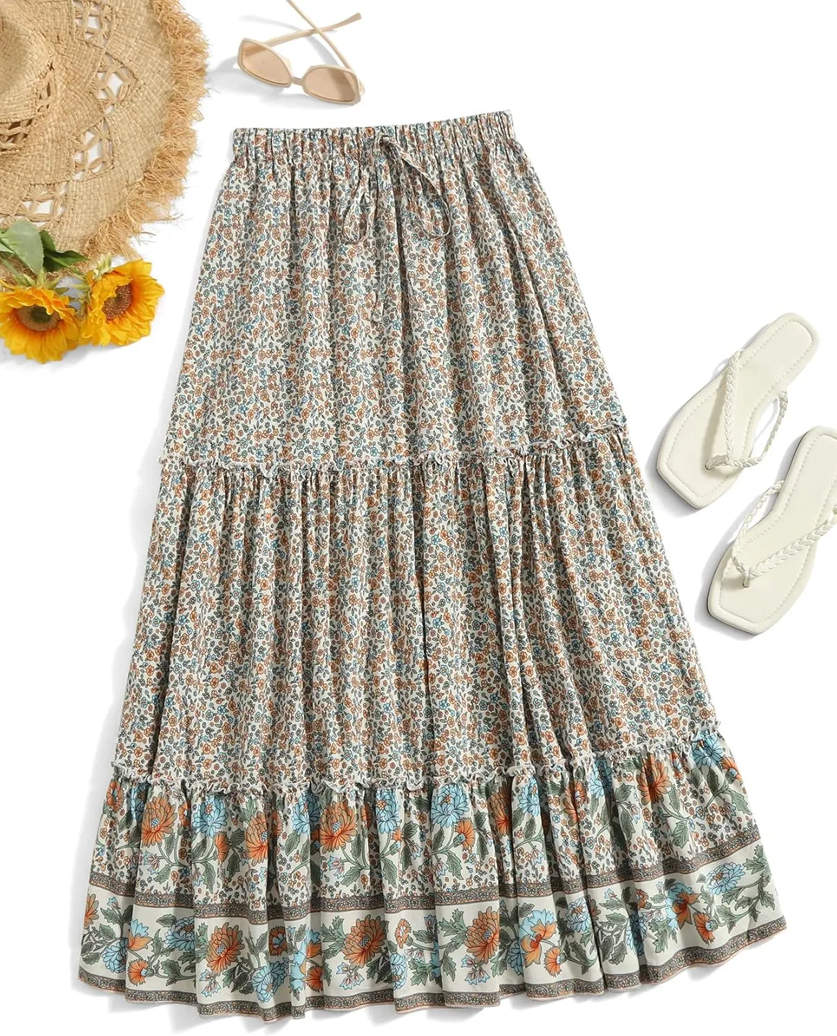 Milumia Women Boho Vintage Floral Print Long Skirt Summer Tiered Maxi Skirt