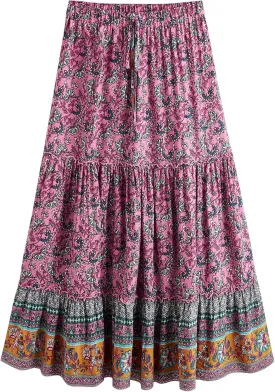 Milumia Women Boho Vintage Floral Print Long Skirt Summer Tiered Maxi Skirt