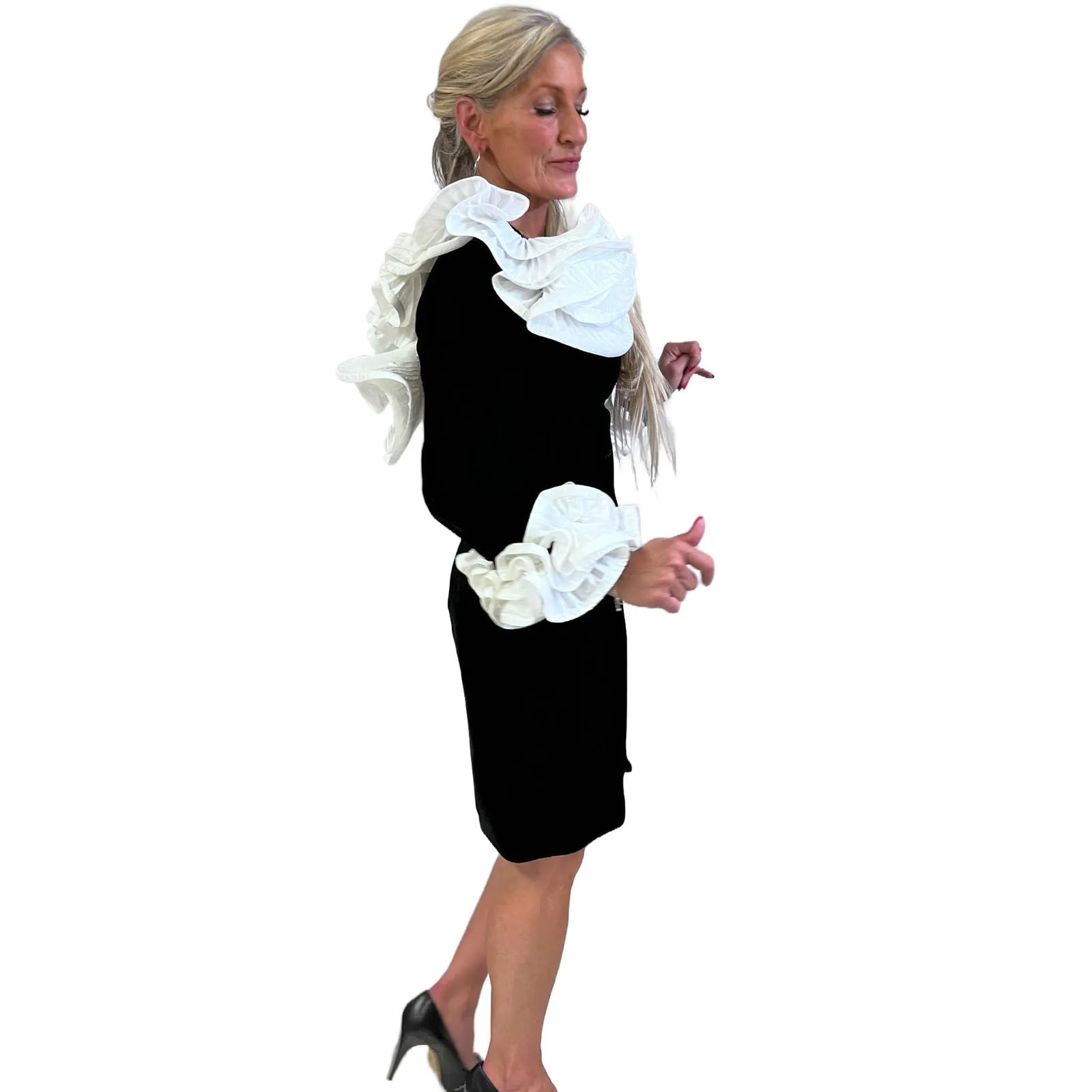 Mob Wife 80s Lillie Rubin Black Stretch Velvet Dress Huge Ruffled Neckline Open Back S