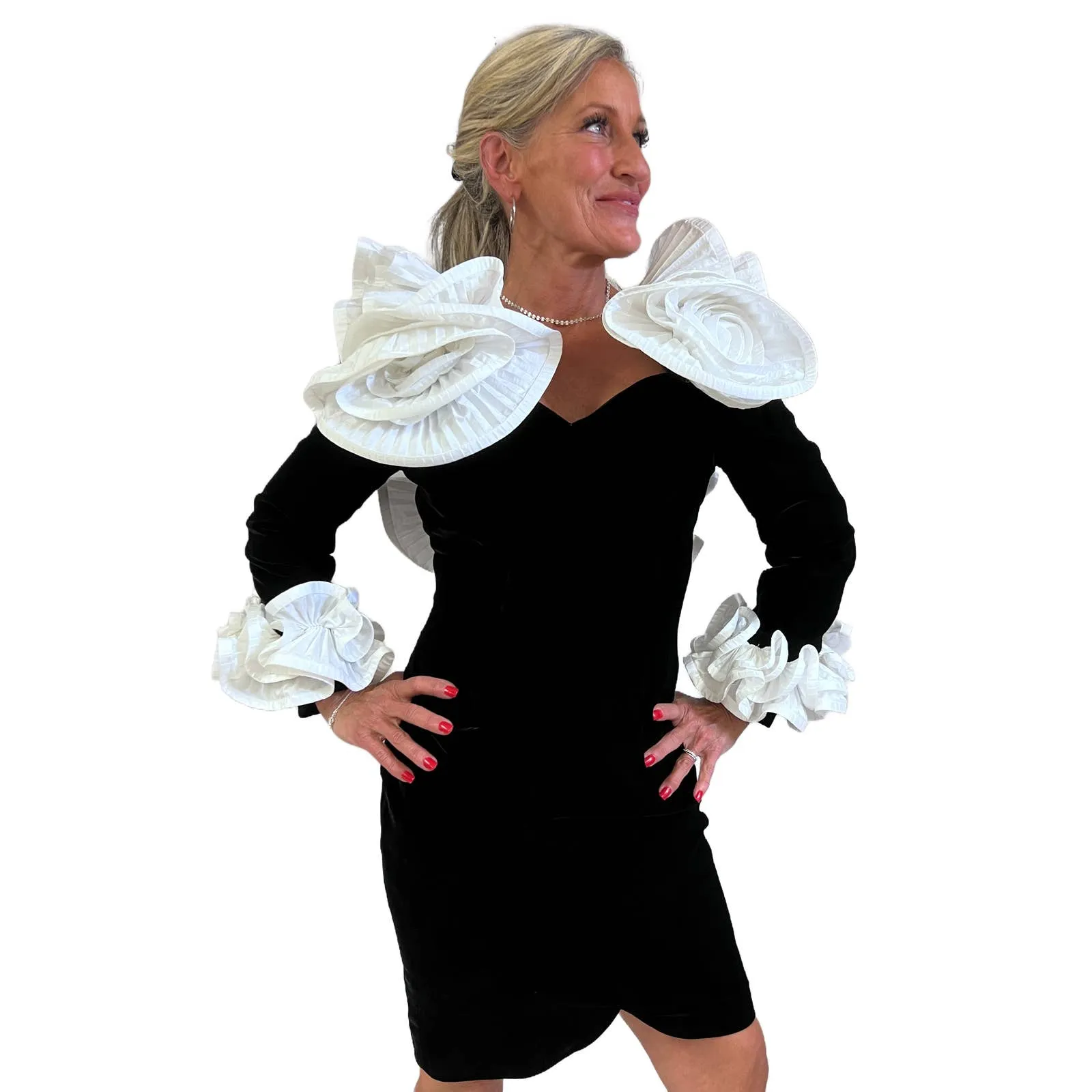 Mob Wife 80s Lillie Rubin Black Stretch Velvet Dress Huge Ruffled Neckline Open Back S