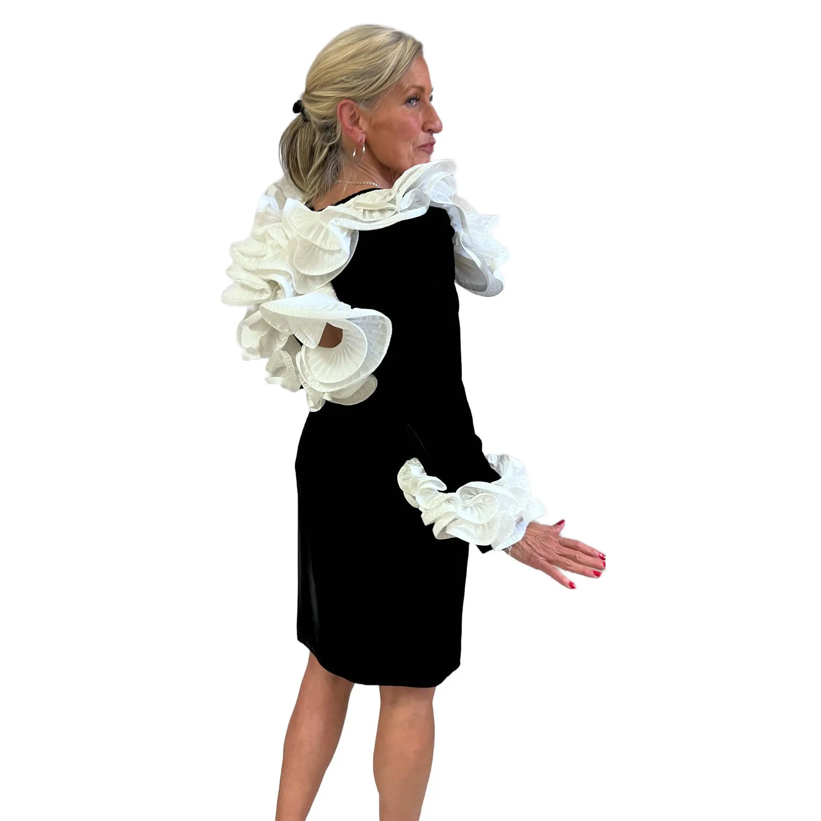 Mob Wife 80s Lillie Rubin Black Stretch Velvet Dress Huge Ruffled Neckline Open Back S