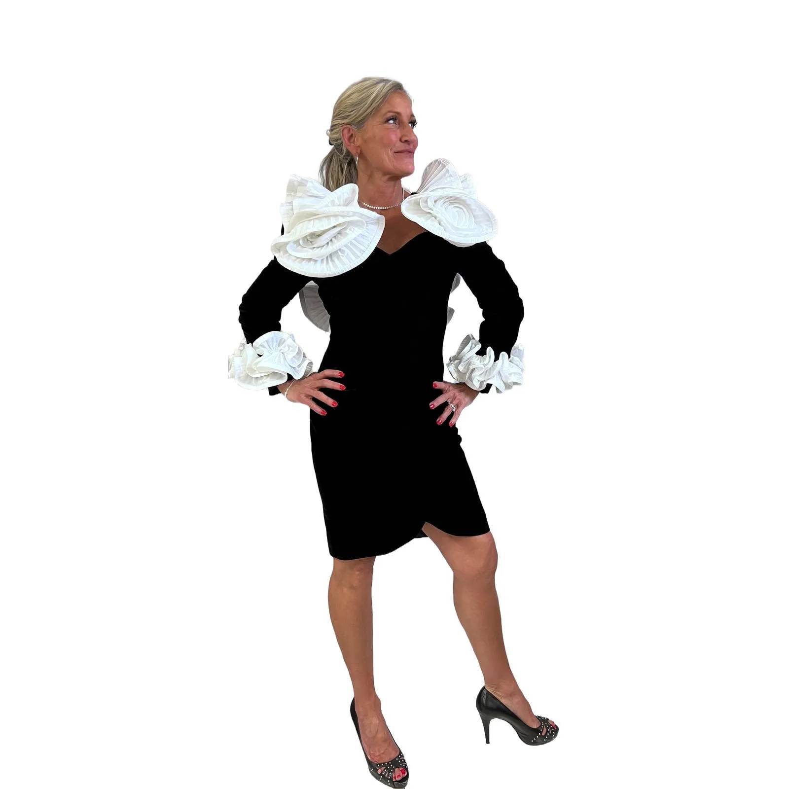 Mob Wife 80s Lillie Rubin Black Stretch Velvet Dress Huge Ruffled Neckline Open Back S