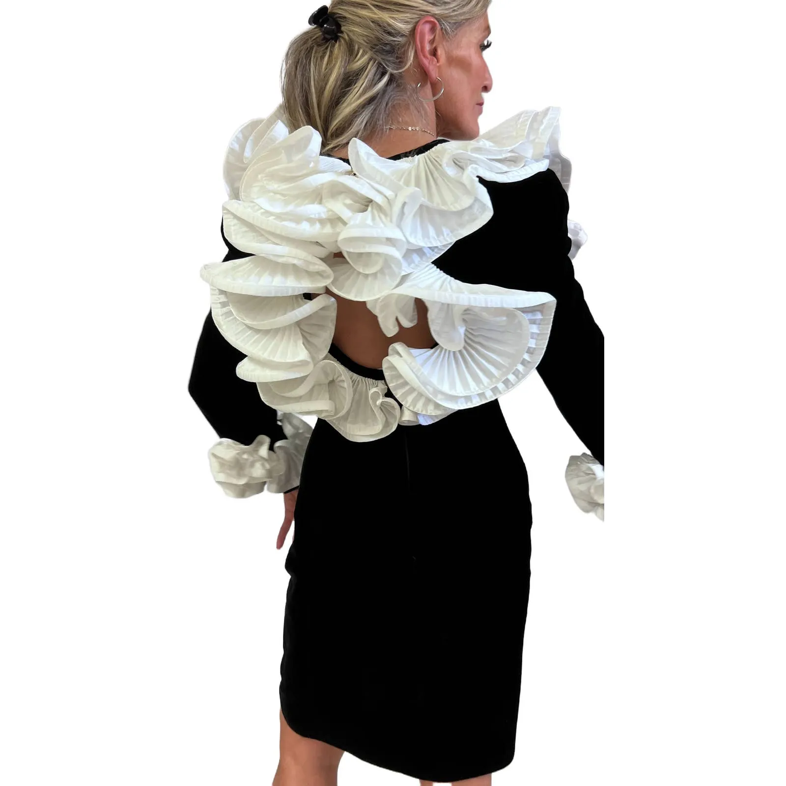 Mob Wife 80s Lillie Rubin Black Stretch Velvet Dress Huge Ruffled Neckline Open Back S