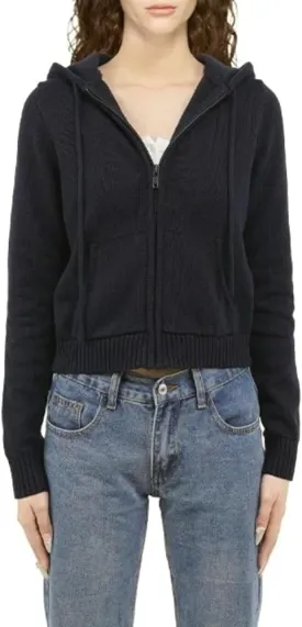 MOLERFO Women's Cropped Zip Up Hoodie Knitted Vintage Hooded Sweater Y2k Ribbed Knit Drawstring Cardigan with Pocket