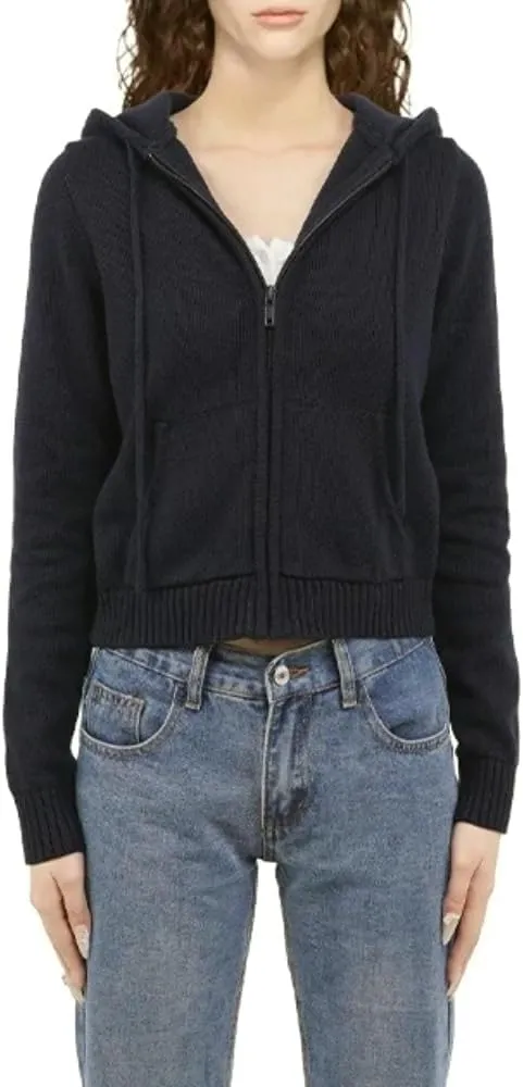 MOLERFO Women's Cropped Zip Up Hoodie Knitted Vintage Hooded Sweater Y2k Ribbed Knit Drawstring Cardigan with Pocket
