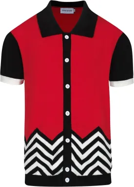 OXKNIT Men Knit Polo Shirts Short Sleeve Red Vintage Polo Shirt Casual Golf Shirts with Black White Wave