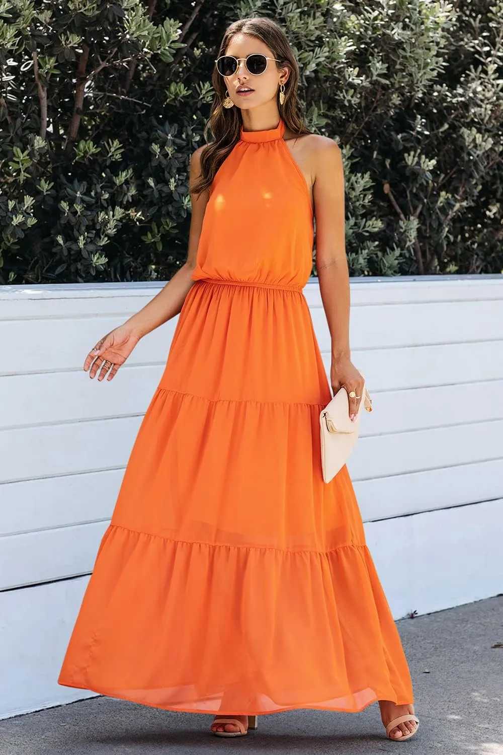 PRETTYGARDEN Womens Halter Neck Floral Long Maxi Dress Casual Sleeveless Backless Dresses Loose Ruffle Sundress with Belt