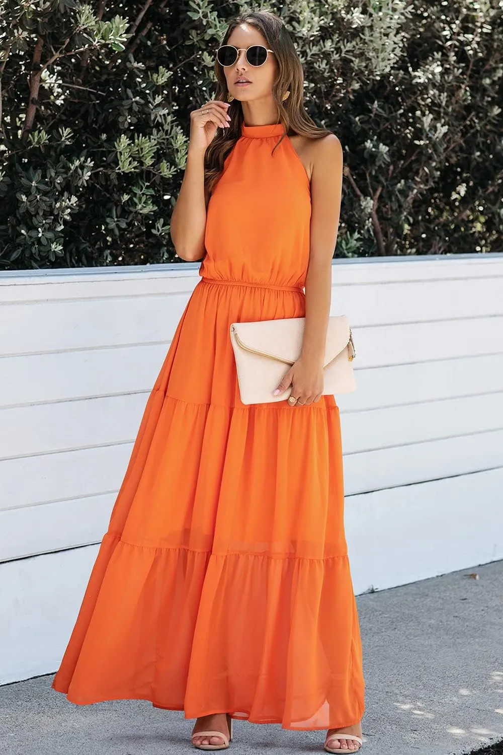 PRETTYGARDEN Womens Halter Neck Floral Long Maxi Dress Casual Sleeveless Backless Dresses Loose Ruffle Sundress with Belt