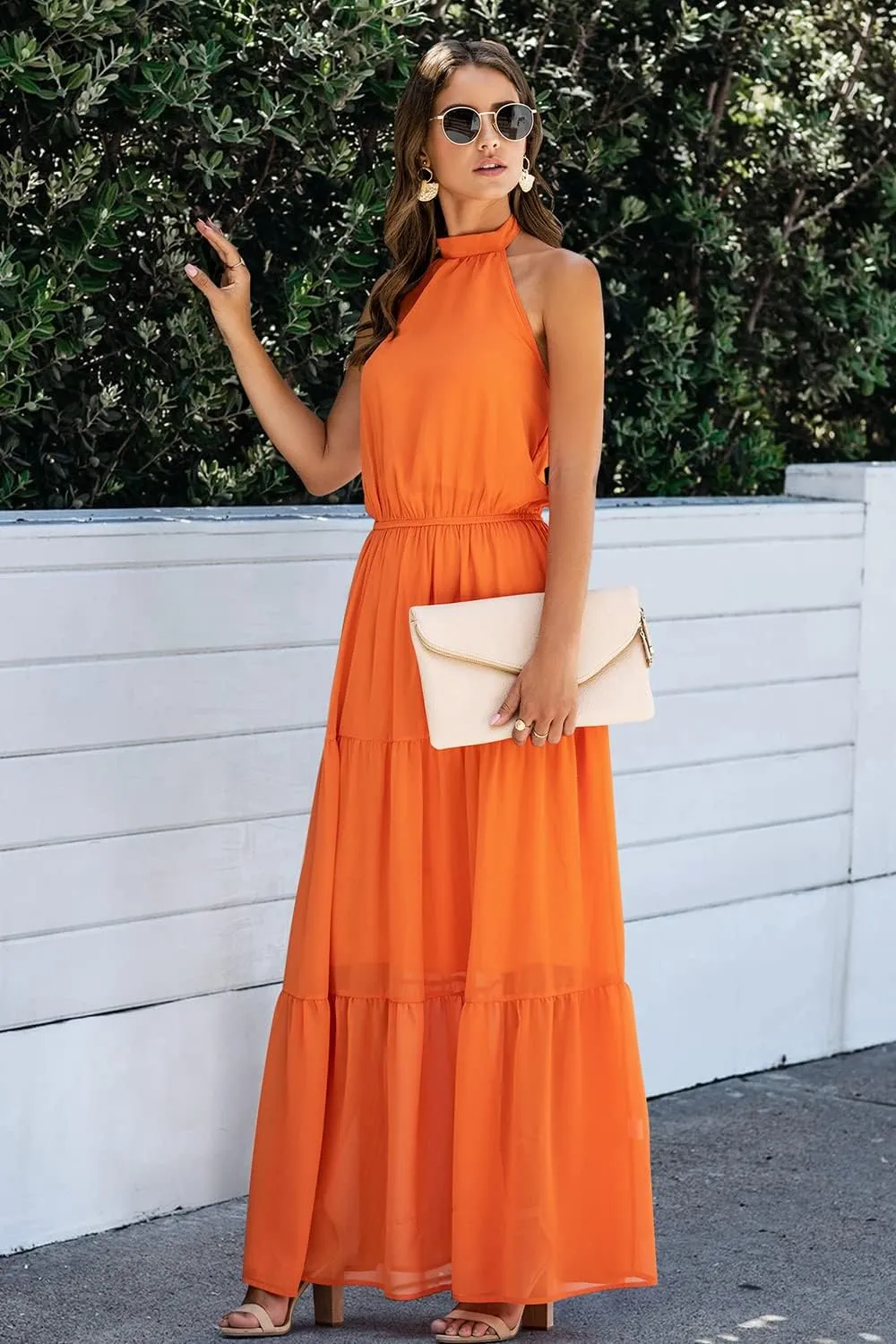 PRETTYGARDEN Womens Halter Neck Floral Long Maxi Dress Casual Sleeveless Backless Dresses Loose Ruffle Sundress with Belt