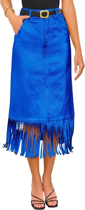 PRETTYGARDEN Women's Metallic Midi Party Skirt Casual High Waisted Fringe Shiny Y2K Long Pencil Skirts Fall Clothes