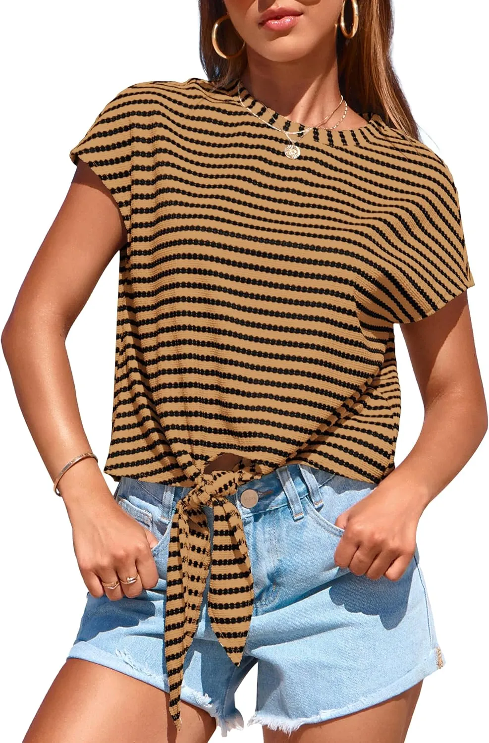 PRETTYGARDEN Womens Tops 2025 Cute Summer Cap Sleeve Crewneck Tie Knot Striped Shirts Casual Loose Blouses Knit Crop Top