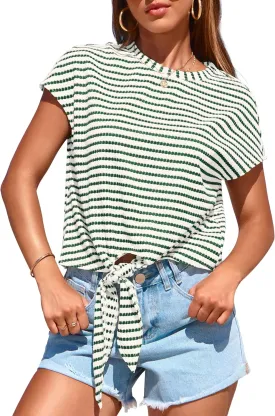 PRETTYGARDEN Womens Tops 2025 Cute Summer Cap Sleeve Crewneck Tie Knot Striped Shirts Casual Loose Blouses Knit Crop Top